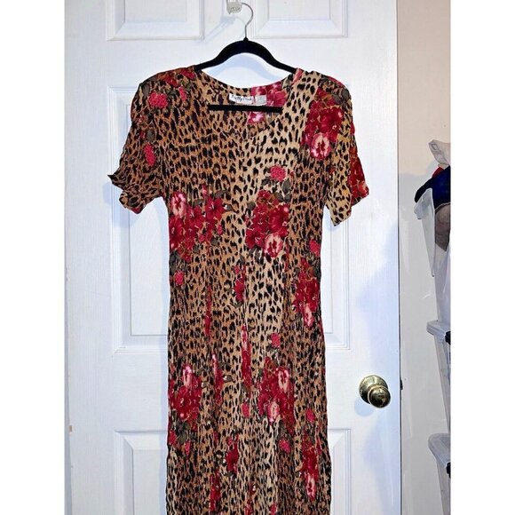 Vintage PRETTY PINK Short Sleeve Crinkle Animal Print Maxi Dress Gypsy 90s - Picture 2 of 11